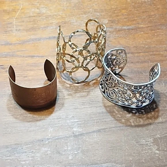 Three Cuff Style Bracelets, Etched Copper, Filigree Gold & Silver Colour - Picture 1 of 12